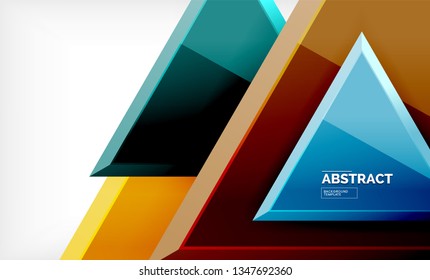 Dreiecke, die sich wiederholen, geometrisch abstrakter Hintergrund, mehrfarbige, glänzende dreieckige Formen, High-Tech-Poster-Cover-Design oder Web-Präsentation-Vorlage mit Kopienraum. Vektorgrafik