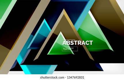 Triangles repetiton geometric abstract background, multicolored glossy triangular shapes, hi-tech poster cover design or web presentation template with copy space. Vector illustration