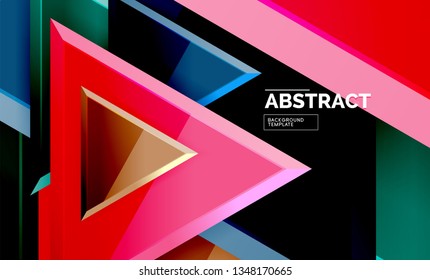 Triangles repetiton geometric abstract background, multicolored glossy triangular shapes, hi-tech poster cover design or web presentation template with copy space. Vector illustration