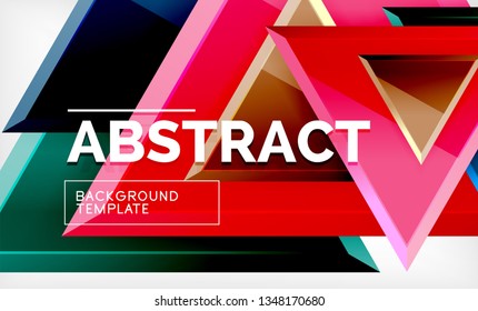 Triangles repetiton geometric abstract background, multicolored glossy triangular shapes, hi-tech poster cover design or web presentation template with copy space. Vector illustration