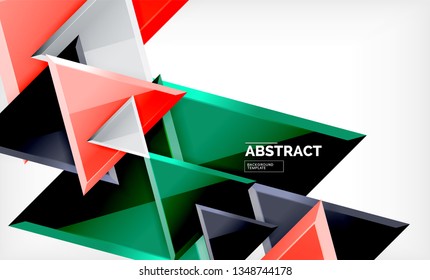 Triangles repetiton geometric abstract background, multicolored glossy triangular shapes, hi-tech poster cover design or web presentation template with copy space. Vector illustration