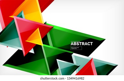 Triangles repetiton geometric abstract background, multicolored glossy triangular shapes, hi-tech poster cover design or web presentation template with copy space. Vector illustration