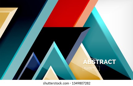 Triangles repetiton geometric abstract background, multicolored glossy triangular shapes, hi-tech poster cover design or web presentation template with copy space. Vector illustration