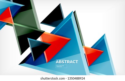 Triangles repetiton geometric abstract background, multicolored glossy triangular shapes, hi-tech poster cover design or web presentation template with copy space. Vector illustration