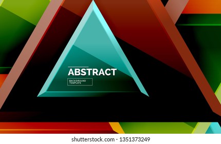 Triangles repetiton geometric abstract background, multicolored glossy triangular shapes, hi-tech poster cover design or web presentation template with copy space. Vector illustration