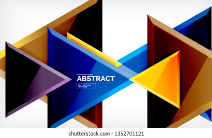 Triangles repetiton geometric abstract background, multicolored glossy triangular shapes, hi-tech poster cover design or web presentation template with copy space. Vector illustration