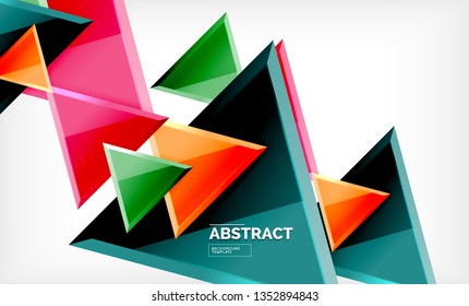 Triangles repetiton geometric abstract background, multicolored glossy triangular shapes, hi-tech poster cover design or web presentation template with copy space. Vector illustration