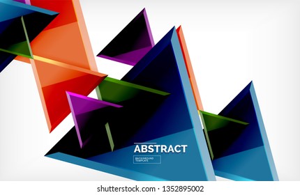 Triangles repetiton geometric abstract background, multicolored glossy triangular shapes, hi-tech poster cover design or web presentation template with copy space. Vector illustration