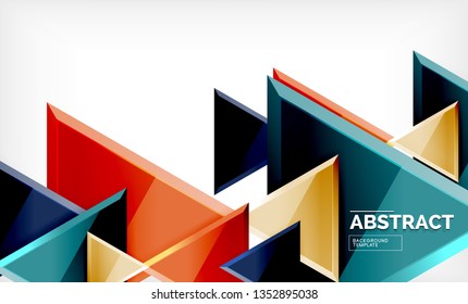 Triangles repetiton geometric abstract background, multicolored glossy triangular shapes, hi-tech poster cover design or web presentation template with copy space. Vector illustration