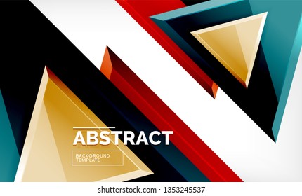 Triangles repetiton geometric abstract background, multicolored glossy triangular shapes, hi-tech poster cover design or web presentation template with copy space. Vector illustration