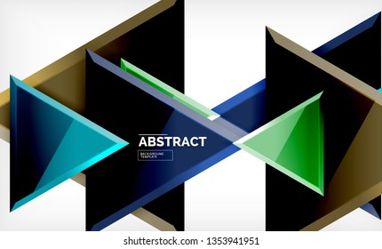 Triangles repetiton geometric abstract background, multicolored glossy triangular shapes, hi-tech poster cover design or web presentation template with copy space. Vector illustration