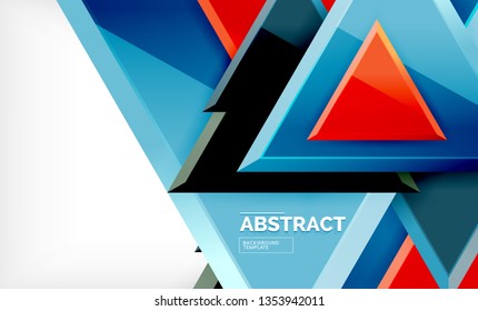 Triangles repetiton geometric abstract background, multicolored glossy triangular shapes, hi-tech poster cover design or web presentation template with copy space. Vector illustration