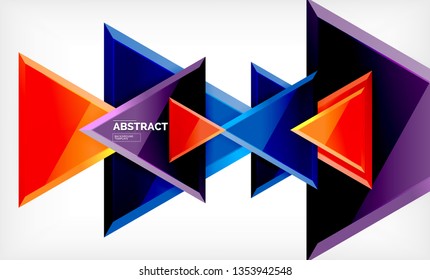 Triangles repetiton geometric abstract background, multicolored glossy triangular shapes, hi-tech poster cover design or web presentation template with copy space. Vector illustration