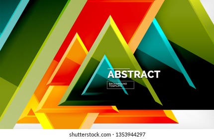 Triangles repetiton geometric abstract background, multicolored glossy triangular shapes, hi-tech poster cover design or web presentation template with copy space. Vector illustration