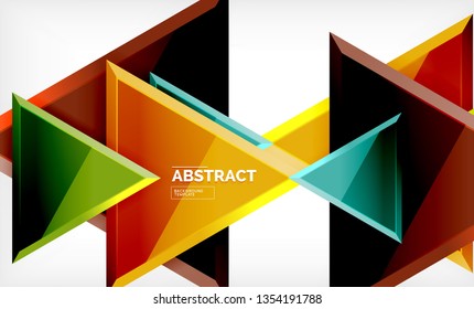 Triangles repetiton geometric abstract background, multicolored glossy triangular shapes, hi-tech poster cover design or web presentation template with copy space. Vector illustration