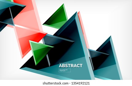 Triangles repetiton geometric abstract background, multicolored glossy triangular shapes, hi-tech poster cover design or web presentation template with copy space. Vector illustration