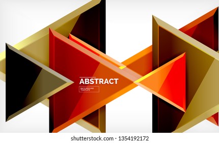 Triangles repetiton geometric abstract background, multicolored glossy triangular shapes, hi-tech poster cover design or web presentation template with copy space. Vector illustration