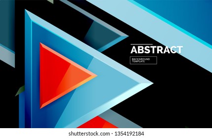 Triangles repetiton geometric abstract background, multicolored glossy triangular shapes, hi-tech poster cover design or web presentation template with copy space. Vector illustration