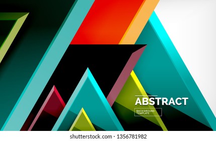 Triangles repetiton geometric abstract background, multicolored glossy triangular shapes, hi-tech poster cover design or web presentation template with copy space. Vector illustration