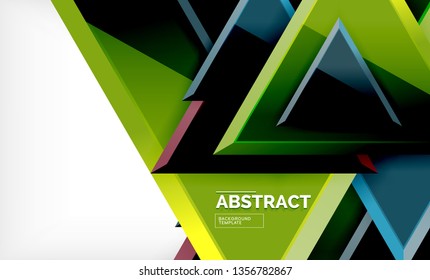 Triangles repetiton geometric abstract background, multicolored glossy triangular shapes, hi-tech poster cover design or web presentation template with copy space. Vector illustration