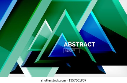 Triangles repetiton geometric abstract background, multicolored glossy triangular shapes, hi-tech poster cover design or web presentation template with copy space. Vector illustration
