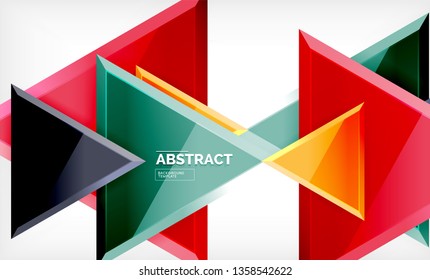 Triangles repetiton geometric abstract background, multicolored glossy triangular shapes, hi-tech poster cover design or web presentation template with copy space. Vector illustration