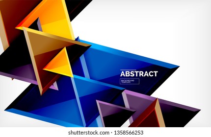 Triangles repetiton geometric abstract background, multicolored glossy triangular shapes, hi-tech poster cover design or web presentation template with copy space. Vector illustration