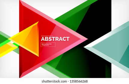 Triangles repetiton geometric abstract background, multicolored glossy triangular shapes, hi-tech poster cover design or web presentation template with copy space. Vector illustration