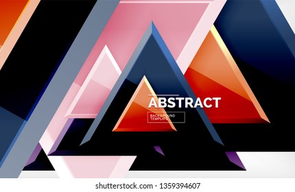 Triangles repetiton geometric abstract background, multicolored glossy triangular shapes, hi-tech poster cover design or web presentation template with copy space. Vector illustration