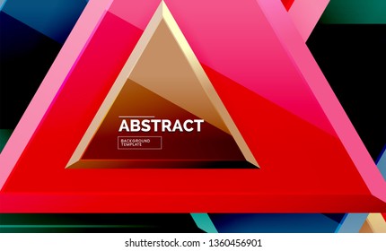 Triangles repetiton geometric abstract background, multicolored glossy triangular shapes, hi-tech poster cover design or web presentation template with copy space. Vector illustration