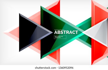 Triangles repetiton geometric abstract background, multicolored glossy triangular shapes, hi-tech poster cover design or web presentation template with copy space. Vector illustration