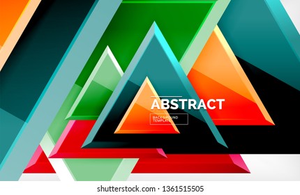 Triangles repetiton geometric abstract background, multicolored glossy triangular shapes, hi-tech poster cover design or web presentation template with copy space. Vector illustration