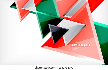Triangles repetiton geometric abstract background, multicolored glossy triangular shapes, hi-tech poster cover design or web presentation template with copy space. Vector illustration