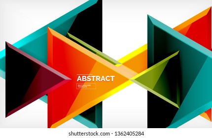 Triangles repetiton geometric abstract background, multicolored glossy triangular shapes, hi-tech poster cover design or web presentation template with copy space. Vector illustration