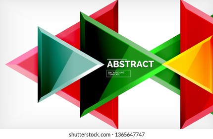 Triangles repetiton geometric abstract background, multicolored glossy triangular shapes, hi-tech poster cover design or web presentation template with copy space. Vector illustration