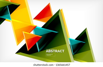 Triangles repetiton geometric abstract background, multicolored glossy triangular shapes, hi-tech poster cover design or web presentation template with copy space. Vector illustration