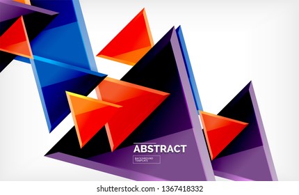 Triangles repetiton geometric abstract background, multicolored glossy triangular shapes, hi-tech poster cover design or web presentation template with copy space. Vector illustration