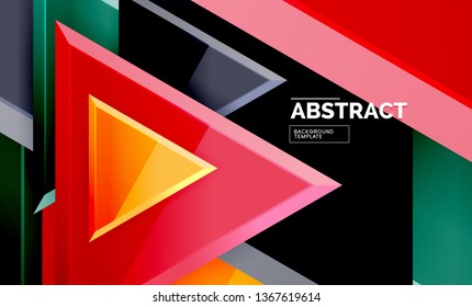 Triangles repetiton geometric abstract background, multicolored glossy triangular shapes, hi-tech poster cover design or web presentation template with copy space. Vector illustration