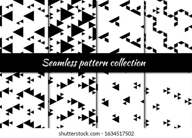 Triangles, rhombuses, diamonds, lozenges, polygons seamless patterns collection. Folk prints. Ethnic ornaments set. Tribal wallpapers kit. Geometrical backgrounds. Retro motif. Abstract images.