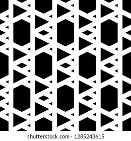 Triangles, rhombuses, hexagons ornament. Geometrical background. Triangular, quadrangular, hexagonal shapes wallpaper. Geometric backdrop. Polygons motif. Digital paper, abstract. Seamless pattern