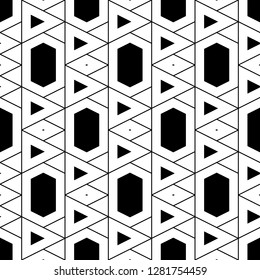 Triangles, rhombuses, hexagons ornament. Triangular, quadrangular, hexagonal shapes wallpaper. Geometric background. Digital paper, abstract. Geometrical backdrop. Polygons motif. Seamless pattern.