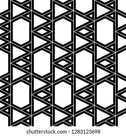 Triangles, rhombuses, hexagons ornament. Triangular, quadrangular, hexagonal shapes wallpaper. Geometrical backdrop. Geometric background. Polygons motif. Digital paper, abstract. Seamless pattern