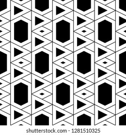 Triangles, rhombuses, hexagons ornament.Geometric background. Digital paper, abstract. Triangular, quadrangular, hexagonal shapes wallpaper. Geometrical backdrop. Polygons motif. Seamless pattern.