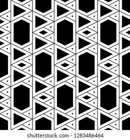 Triangles, rhombuses, hexagons ornament.Geometric background. Triangular, quadrangular, hexagonal shapes wallpaper. Geometrical backdrop. Polygons motif. Digital paper, abstract. Seamless pattern.