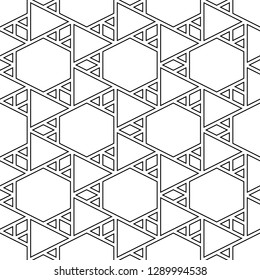 Triangles, rhombuses, hexagons pattern. Geometrical backdrop. Triangular, quadrangular, hexagonal shapes wallpaper. Geometric background. Polygons motif. Digital paper, abstract. Seamless ornament