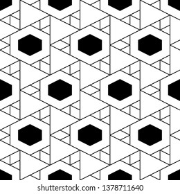 Triangles, rhombuses, hexagons pattern. Geometrical backdrop. Triangular, quadrangular, hexagonal shapes wallpaper. Geometric background. Polygons motif. Digital paper, abstract. Seamless ornament.