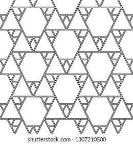 Triangles, rhombuses, hexagons pattern. Triangular, quadrangular, hexagonal shapes wallpaper. Geometric background. Polygons motif. Digital paper, abstract. Seamless ornament. Geometrical backdrop