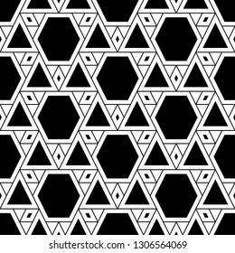 Triangles, rhombuses, hexagons pattern.Geometric background. Triangular, quadrangular, hexagonal shapes wallpaper. Digital paper, abstract. Seamless ornament. Geometrical backdrop.Polygons motif.