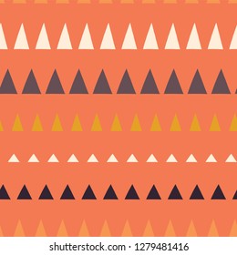 Triangles in a row seamless vector pattern. Abstract background hand drawn lined up triangles. Geometric design in coral, blue, white, gold. For fabric, kids, coordinate, digital paper, page fill.