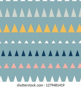Triangles in a row seamless vector pattern. Abstract background hand drawn lined up triangles. Geometric design in teal, blue, pink, white, gold. For fabric, kids, coordinate, digital paper, page fill
